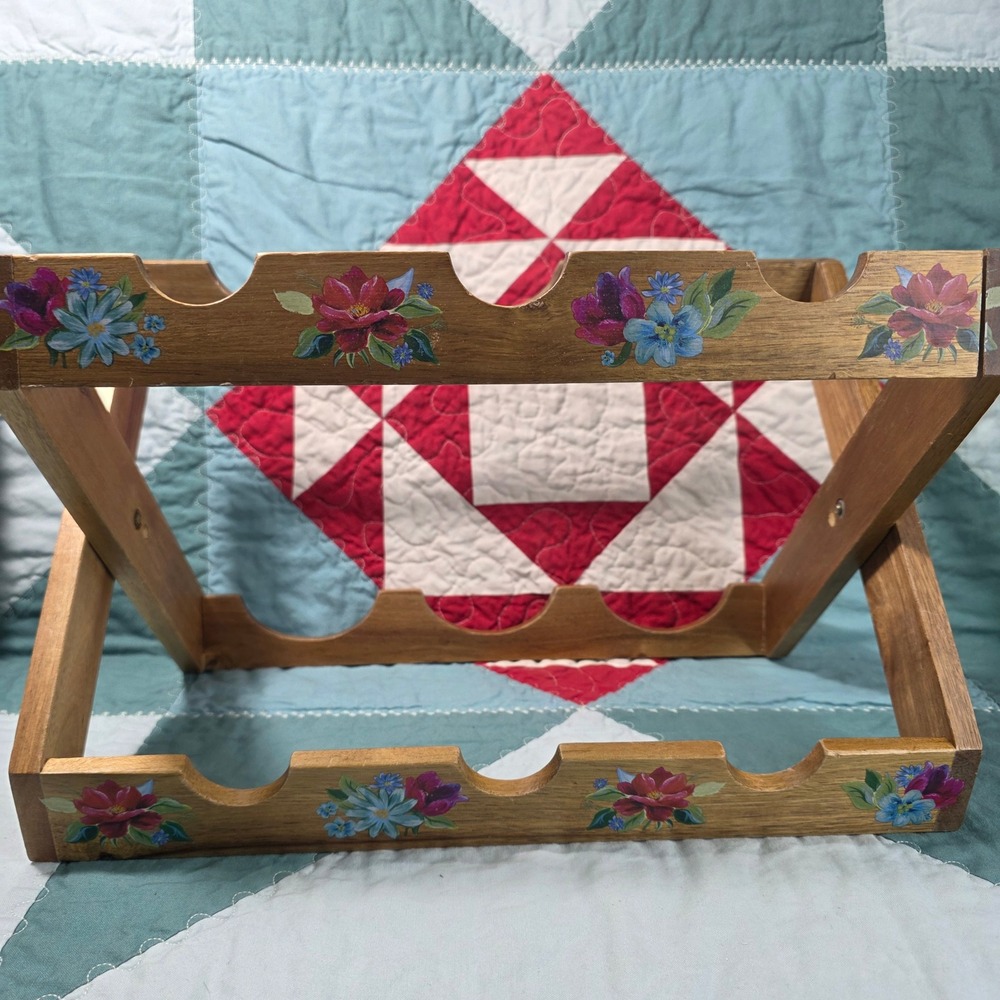Pioneer Woman Acacia Wood Wine Rack Brown Floral Folding 6 Bottle Holder